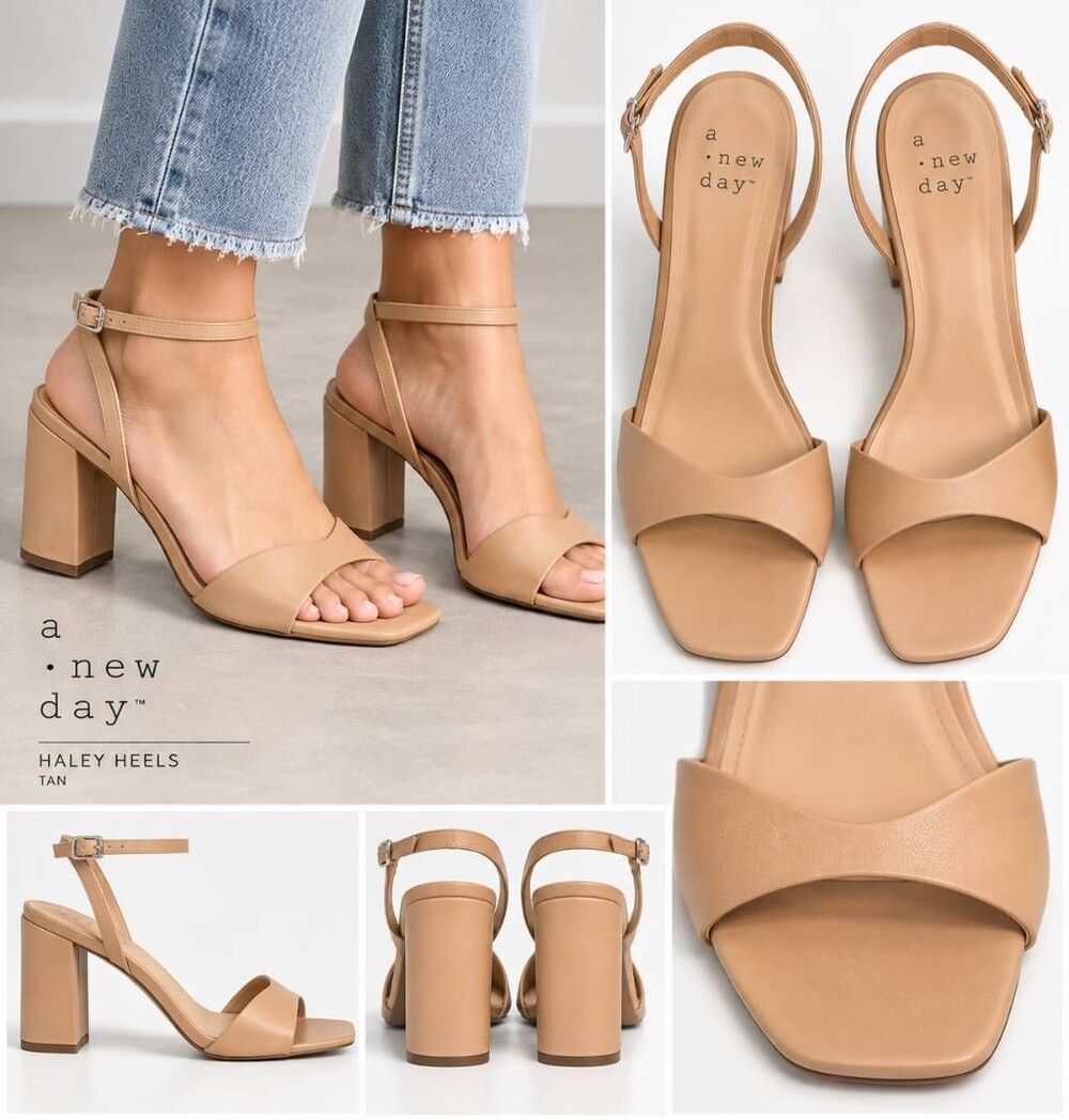 A New Day Haley Heels 8.5 Tan Nude Ankle Strap Block Heel Sandals 3.75”New